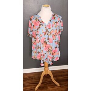 Torrid Harper Blouse Womens Size 1 Blue Pink Floral Short Sleeve‎ Top A12
